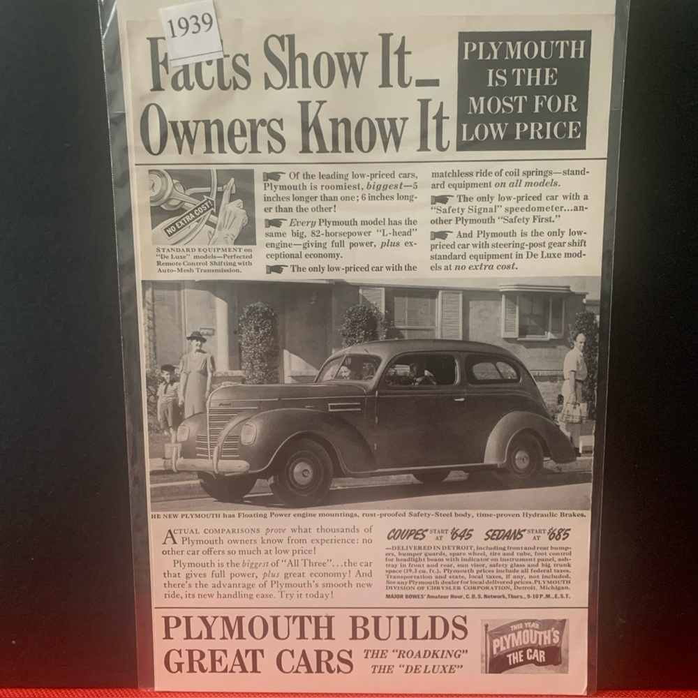 Vintage 1939 Plymouth Facts Show it Owners Know it Ad Advertisment